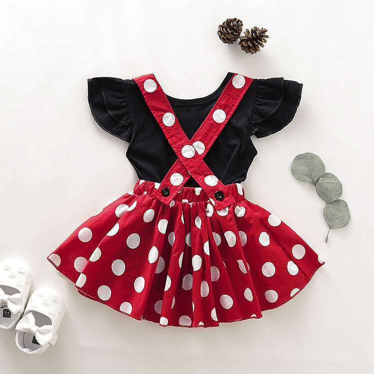 Girls Summer Fly Sleeve Top and Dot Suspender Skirt