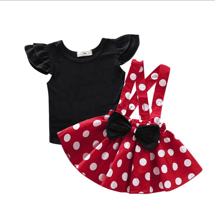Girls Summer Fly Sleeve Top and Dot Suspender Skirt