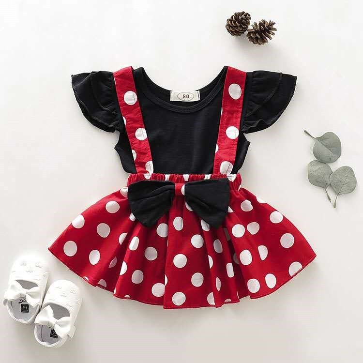Girls Summer Fly Sleeve Top and Dot Suspender Skirt